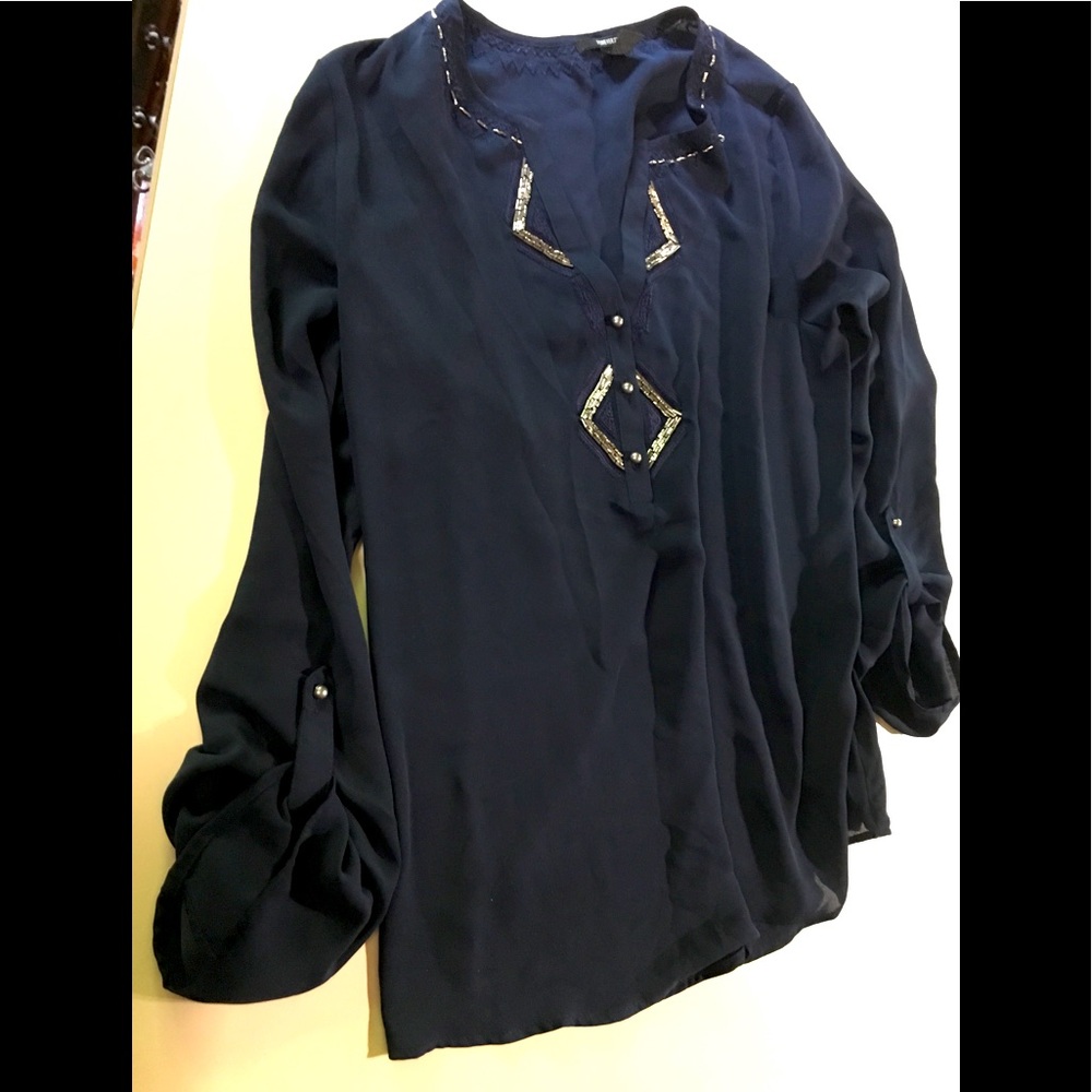 FOREVER 21 Navy Blue Dressy Blouse Silver Beads S
